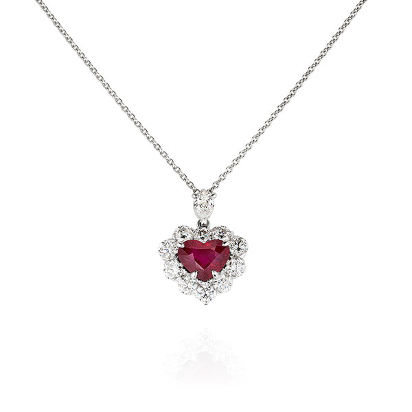 PLATINUM HEART SHAPE BURMESE RUBY & DIAMOND NECKLACE (Image 1)