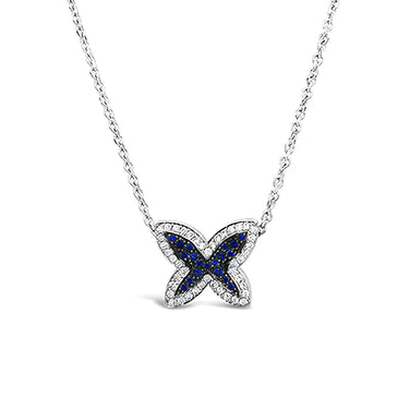 18CT WHITE GOLD BLUE SAPPHIRE AND DIAMOND 'BUTTERFLY' NECKLACE