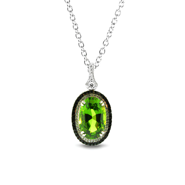 18CT WHITE GOLD, GREEN PERIDOT PENDANT WITH BLACK AND WHITE DIAMONDS (Image 1)