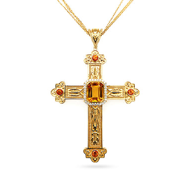 18CT YELLOW GOLD ORANGE SAPPHIRE, CITRINE AND DIAMOND CROSS