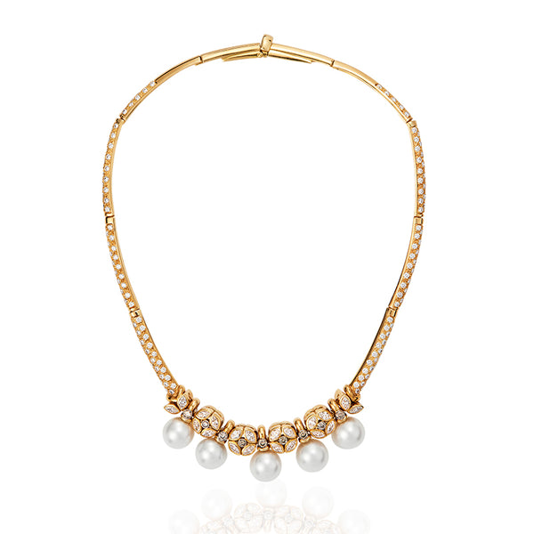 18CT YELLOW GOLD SOUTH SEA PEARL, WHITE DIAMOND AND ARGYLE CHAMPAGNE DIAMOND NECKLET (Image 1)