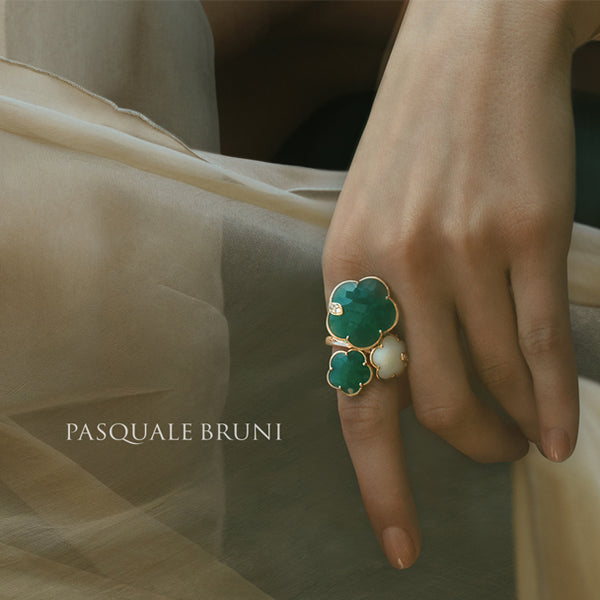 PASQUALE BRUNI 18CT ROSE GOLD TON JOLI RING WITH GREEN & WHITE AGATE & WHITE & CHAMPAGNE DIAMONDS (Image 2)