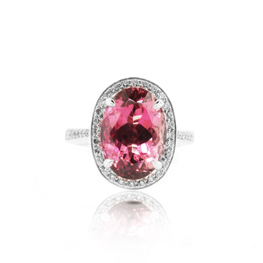 18CT WHITE GOLD OVAL CUT PINK TOURMALINE AND DIAMOND DRESS RING