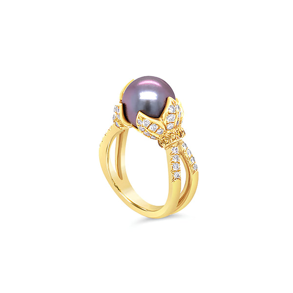 TAHITIAN PEARL AND DIAMOND RING, SET IN 18CT YELLOW GOLD (Image 2)