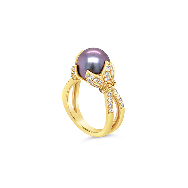 TAHITIAN PEARL AND DIAMOND RING, SET IN 18CT YELLOW GOLD (Image 3)