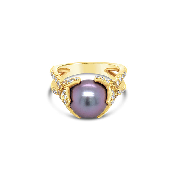 TAHITIAN PEARL AND DIAMOND RING, SET IN 18CT YELLOW GOLD (Image 1)