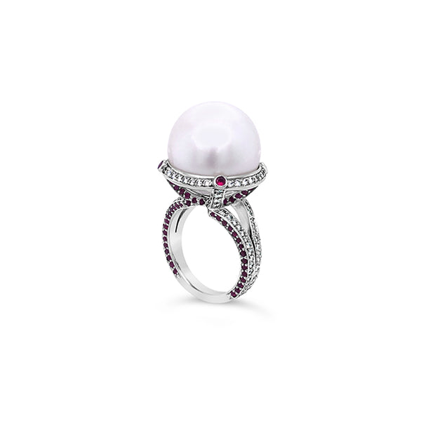 SOUTH SEA PEARL, RUBY AND DIAMOND RING IN 18CT WHITE GOLD (Image 2)