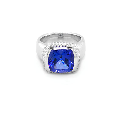 5.08CT CUSHION CUT TANZANITE AND DIAMOND RING