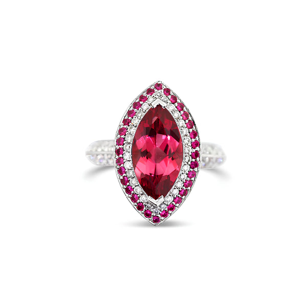 18CT WHITE AND ROSE GOLD PINK TOURMALINE, SAPPHIRE AND DIAMOND MARQUISE CUT DRESS RING (Image 1)