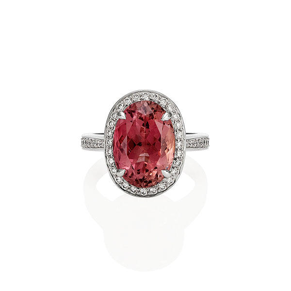 18CT WHITE GOLD OVAL CUT PINK TOURMALINE AND DIAMOND DRESS RING (Image 1)