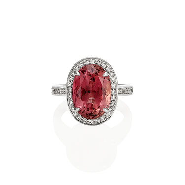 18CT WHITE GOLD OVAL CUT PINK TOURMALINE AND DIAMOND DRESS RING