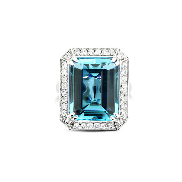 18CT WHITE GOLD EMERALD CUT AQUAMARINE AND DIAMOND RING (Image 1)