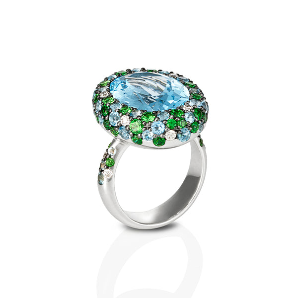 'QUEEN OF ATLANTIS' 18CT WHITE GOLD SKY BLUE TOPAZ, TSAVORITE GARNET AND DIAMOND DRESS RING (Image 5)