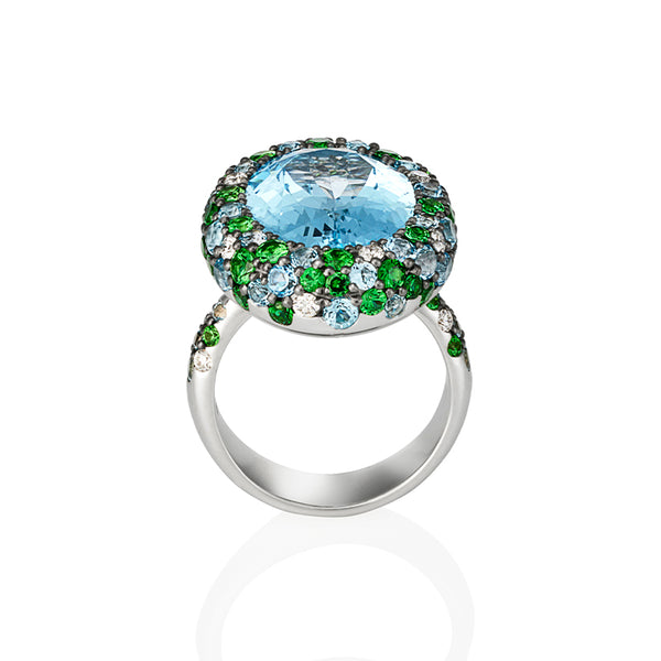 'QUEEN OF ATLANTIS' 18CT WHITE GOLD SKY BLUE TOPAZ, TSAVORITE GARNET AND DIAMOND DRESS RING (Image 4)