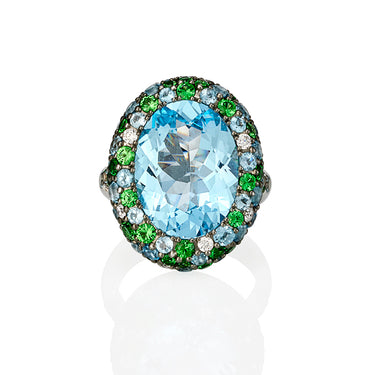 'QUEEN OF ATLANTIS' 18CT WHITE GOLD SKY BLUE TOPAZ, TSAVORITE GARNET AND DIAMOND DRESS RING