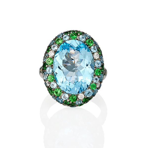 'QUEEN OF ATLANTIS' 18CT WHITE GOLD SKY BLUE TOPAZ, TSAVORITE GARNET AND DIAMOND DRESS RING (Image 2)