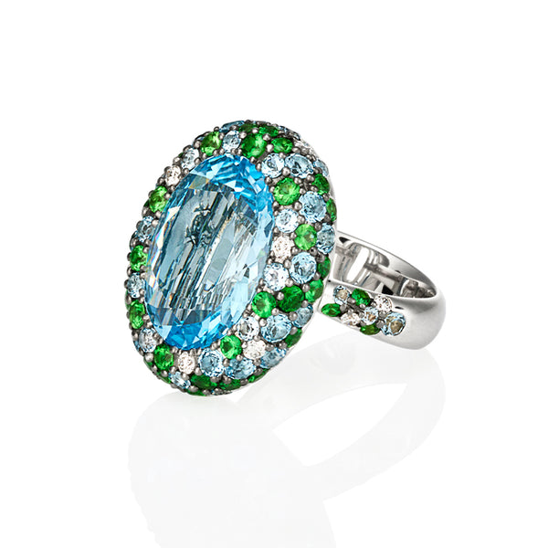 'QUEEN OF ATLANTIS' 18CT WHITE GOLD SKY BLUE TOPAZ, TSAVORITE GARNET AND DIAMOND DRESS RING (Image 3)