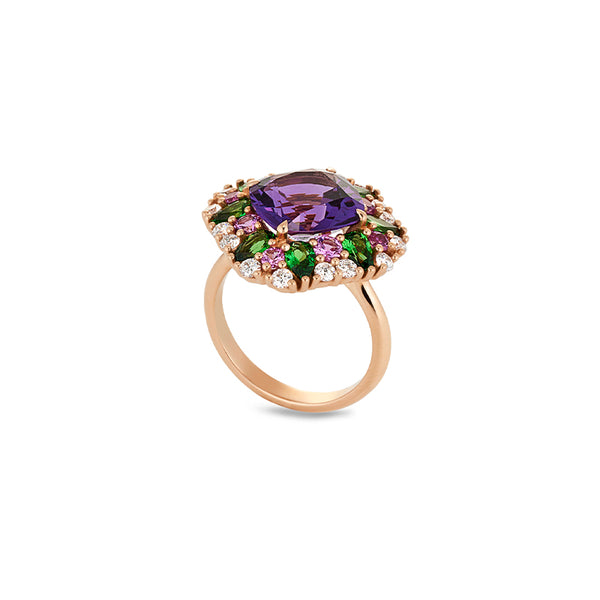 18CT ROSE GOLD AMETHYST, PINK SAPPHIRE, TSAVORITE GARNET & DIAMOND RING (Image 2)