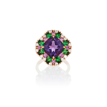 18CT ROSE GOLD AMETHYST, PINK SAPPHIRE, TSAVORITE GARNET & DIAMOND RING