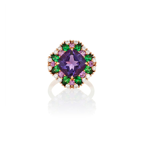18CT ROSE GOLD AMETHYST, PINK SAPPHIRE, TSAVORITE GARNET & DIAMOND RING (Image 1)