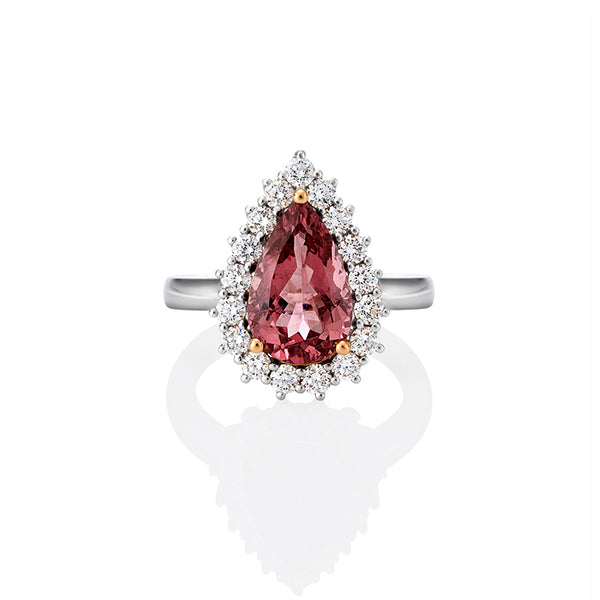 18ct WHITE GOLD 3.81ct PEAR SHAPED PINK TOURMALINE & DIAMOND CLUSTER RING (Image 1)