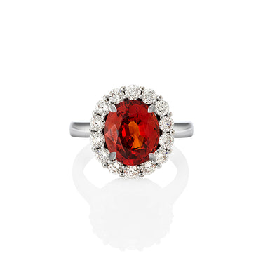 18ct WHITE GOLD 5.92ct OVAL SPESSARTITE GARNET & DIAMOND CLUSTER RING