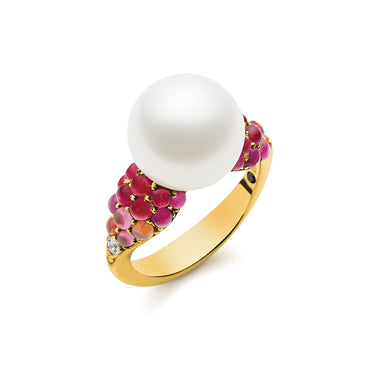KAILIS 'AURORA VIVID' 18CT YELLOW GOLD AUSTRALIAN SOUTH SEA PEARL, DIAMOND, RUBY, SAPPHIRE AND TOURMALINE RING