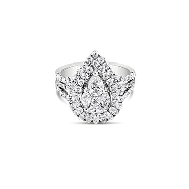 18CT WHITE GOLD PEARSHAPED DOUBLE HALO DIAMOND DRESS RING
