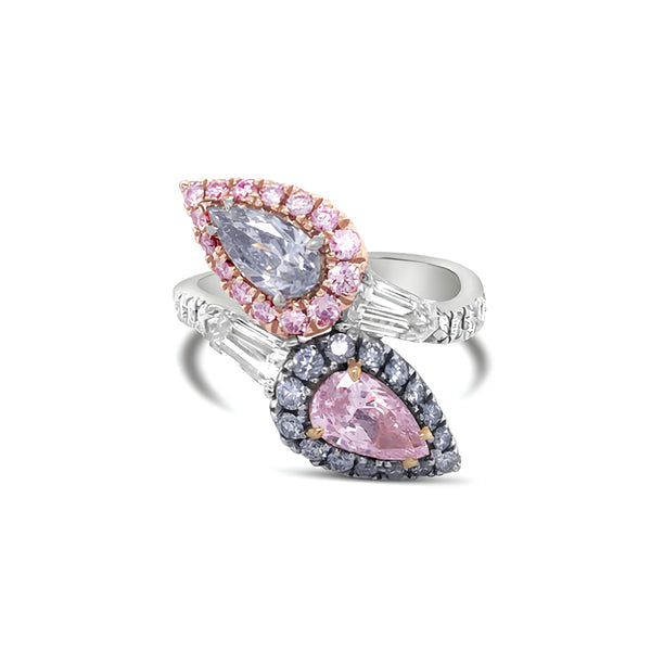 18CT WHITE GOLD AND ROSE GOLD FANCY PINK AND FANCY BLUE PEAR SHAPED DIAMOND RING (Image 1)