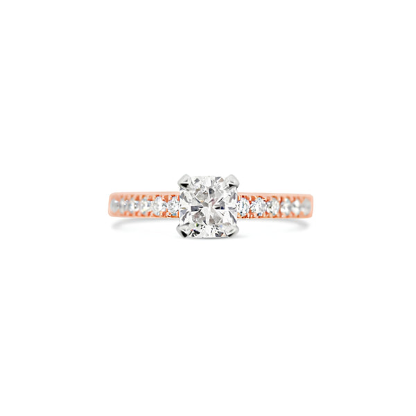 18CT WHITE AND ROSE GOLD CUSHION CUT AND ROUND BRILLIANT CUT DIAMOND RING (Image 1)