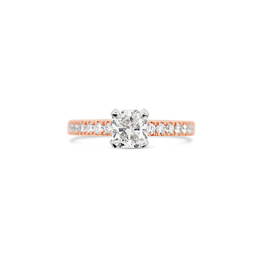18CT WHITE AND ROSE GOLD CUSHION CUT AND ROUND BRILLIANT CUT DIAMOND RING