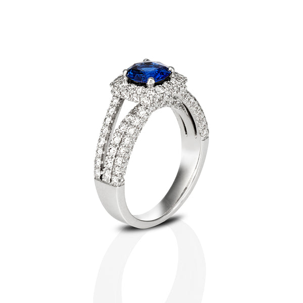 18CT WHITE GOLD 1.25CT CEYLON SAPPHIRE & DIAMOND HALO RING (Image 3)