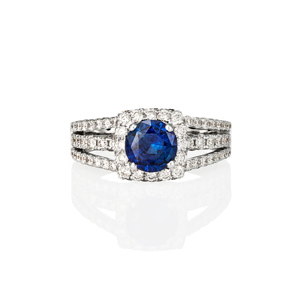 18CT WHITE GOLD 1.25CT CEYLON SAPPHIRE & DIAMOND HALO RING (Image 1)