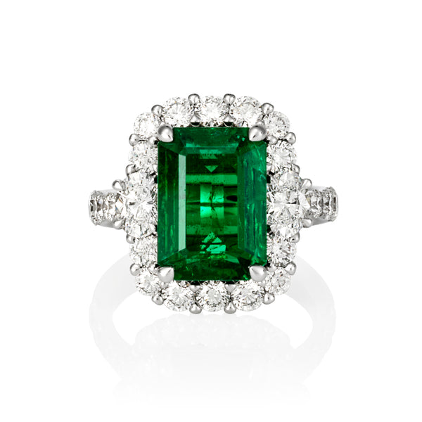 18CT WHITE GOLD 5.15CT ZAMBIAN EMERALD & DIAMOND RING (Image 1)