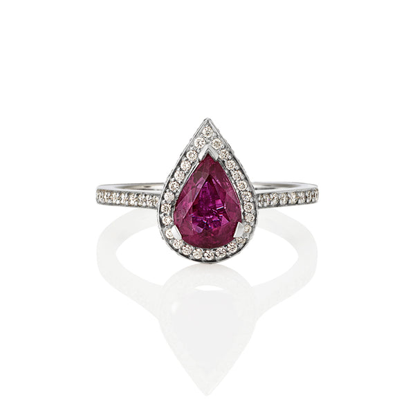 18CT WHITE GOLD PEAR SHAPE RUBY AND DIAMOND HALO RING (Image 1)
