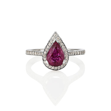 18CT WHITE GOLD PEAR SHAPE RUBY AND DIAMOND HALO RING