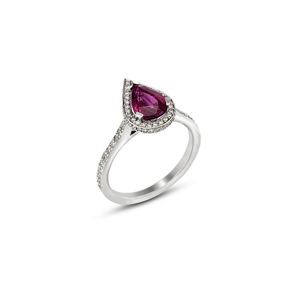 18CT WHITE GOLD PEAR SHAPE RUBY AND DIAMOND HALO RING (Image 2)