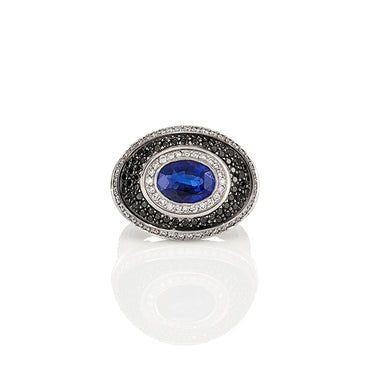 SAPPHIRE, BLACK AND WHITE DIAMOND DRESS RING