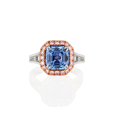 PLATINUM & 18ct ROSE GOLD 4.90ct OCTAGONAL CEYLON SAPPHIRE, ARGYLE PINK DIAMOND & WHITE DIAMOND RING
