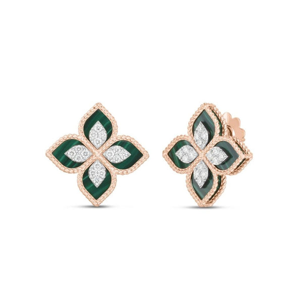 ROBERTO COIN PRINCESS FLOWER MALACHITE & DIAMOND STUD EARRINGS (Image 1)