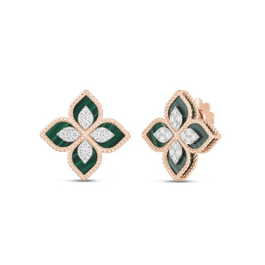 ROBERTO COIN PRINCESS FLOWER MALACHITE & DIAMOND STUD EARRINGS