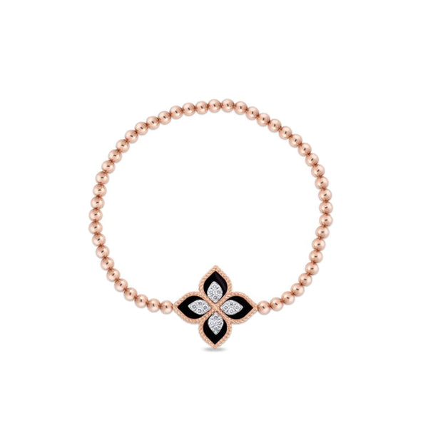 ROBERTO COIN PRINCESS FLOWER 18CT ROSE & WHITE GOLD BLACK JADE & DIAMOND BRACELET (Image 1)