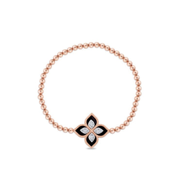 ROBERTO COIN PRINCESS FLOWER 18CT ROSE & WHITE GOLD BLACK JADE & DIAMOND BRACELET