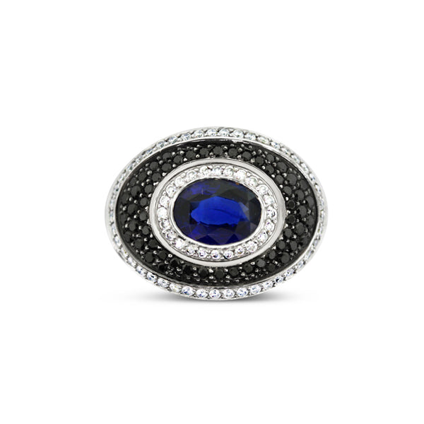 SAPPHIRE, BLACK AND WHITE DIAMOND DRESS RING (Image 1)