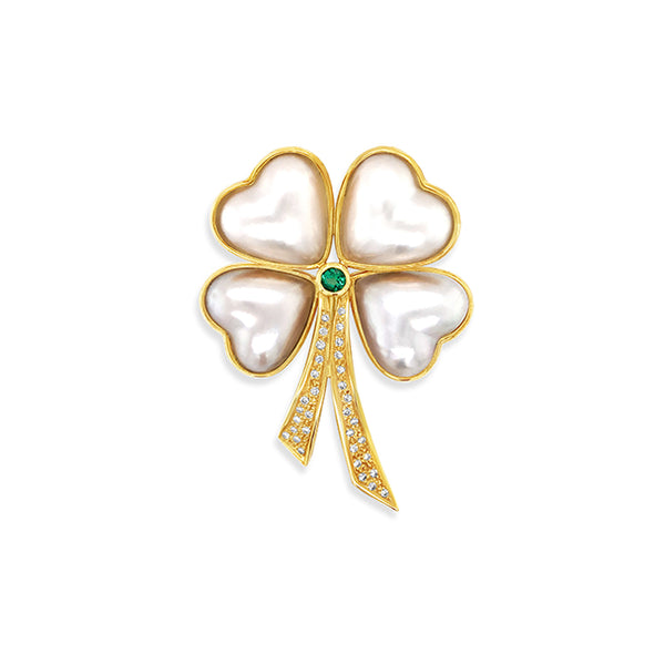 'CLOVER' 18CT YELLOW GOLD MABE PEARL, EMERALD AND DIAMOND BROOCH (Image 1)