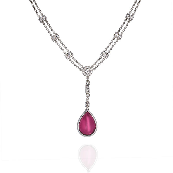 18CT WHITE GOLD PINK TOURMALINE AND DIAMOND DROP NECKLACE (Image 1)