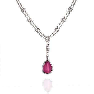 18CT WHITE GOLD PINK TOURMALINE AND DIAMOND DROP NECKLACE