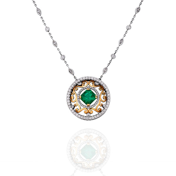 18CT WHITE GOLD AND YELLOW GOLD COLOMBIAN EMERALD AND DIAMOND NECKLACE (Image 1)