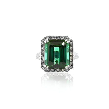 18CT WHITE GOLD GREEN TOURMALINE & DIAMOND RING