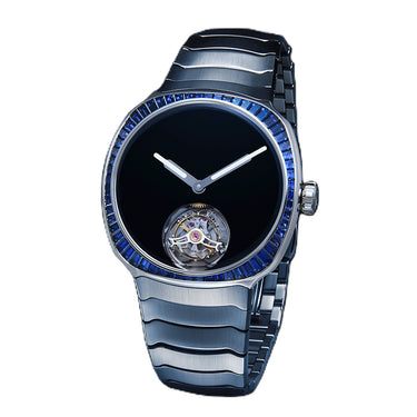 H MOSER STREAMLINER STEEL TOURBILLON BLUE SAPPHIRE BEZEL VANTABLACK DIAL ON BRACELET